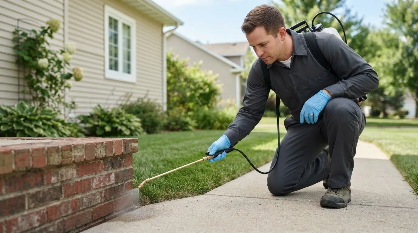 Pest control technician treating a home near Kinmundy, IL