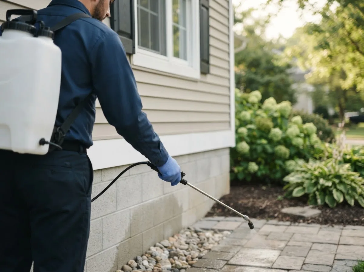 Pest control technician inspecting a home in Kinmundy, IL